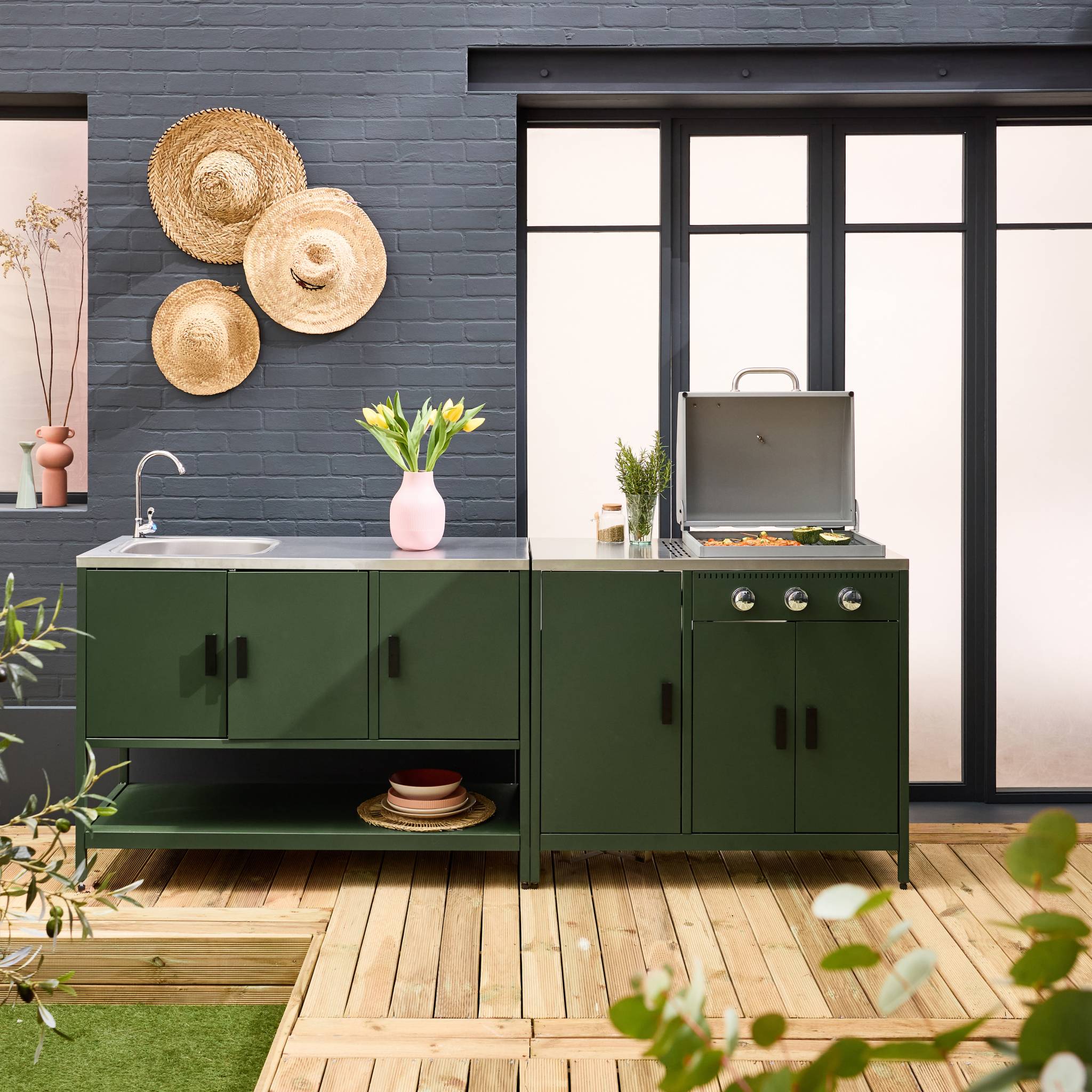 Cucina esterna 3 moduli con barbecue a gas 3 bruciatori su piedi,