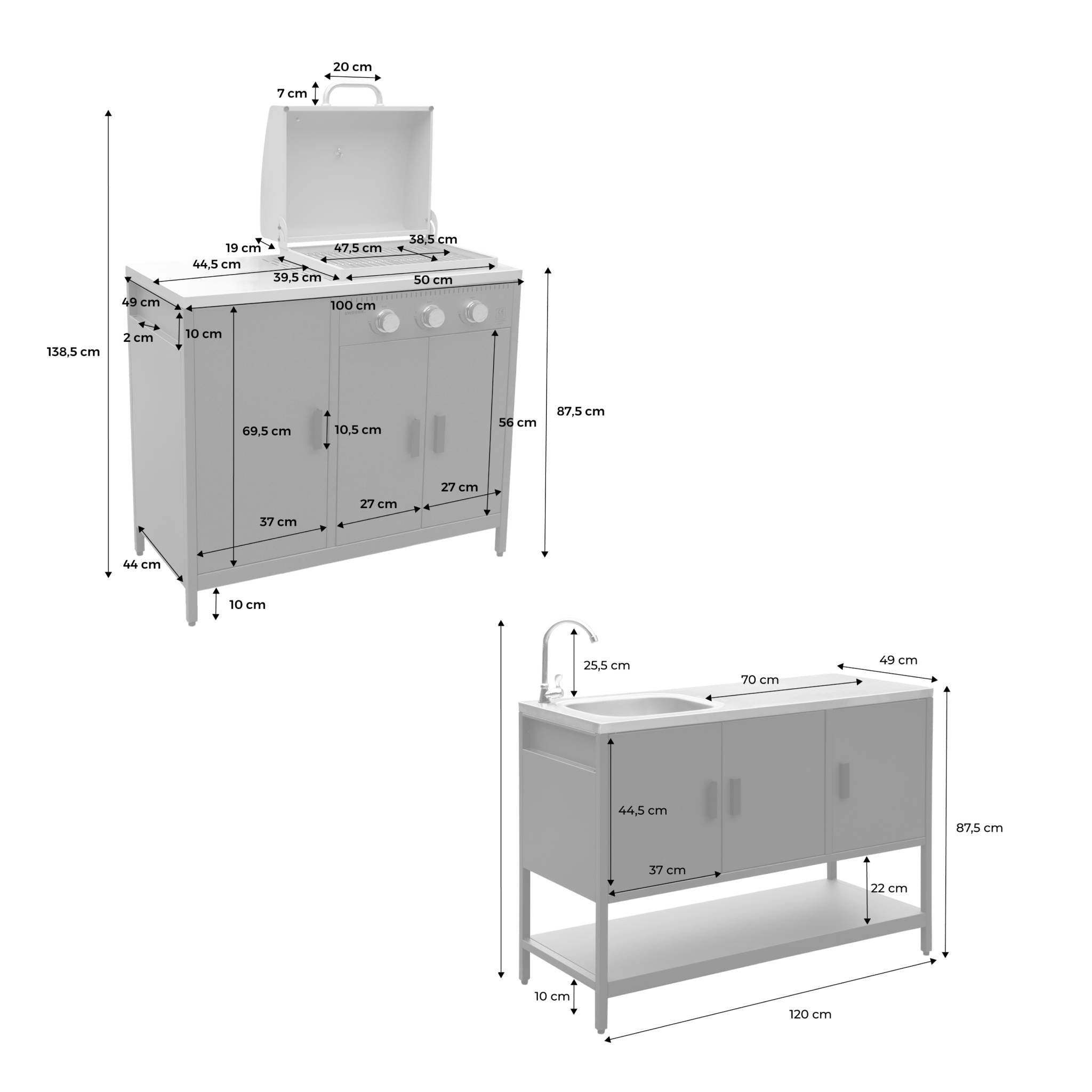 Cucina esterna 3 moduli con barbecue a gas 3 bruciatori su piedi,