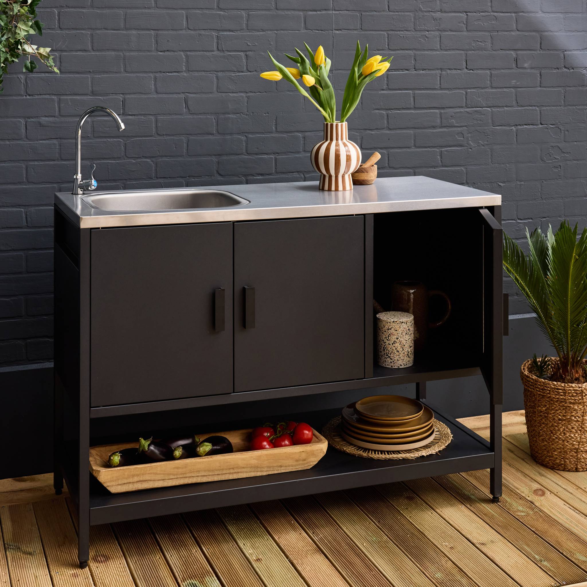 Mobile da esterno in acciaio con lavandino, 120cm, nero
