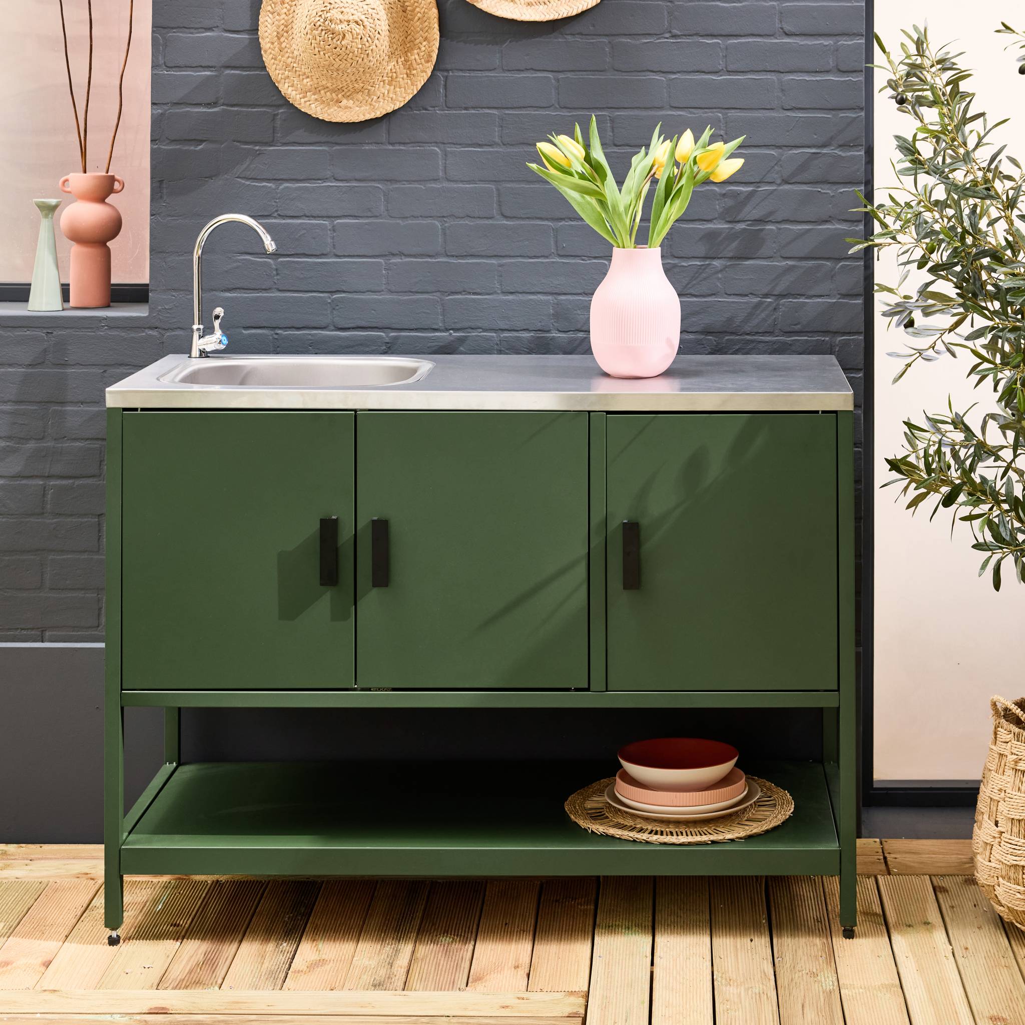 Mobile da esterno in acciaio con lavandino, 120cm, verde