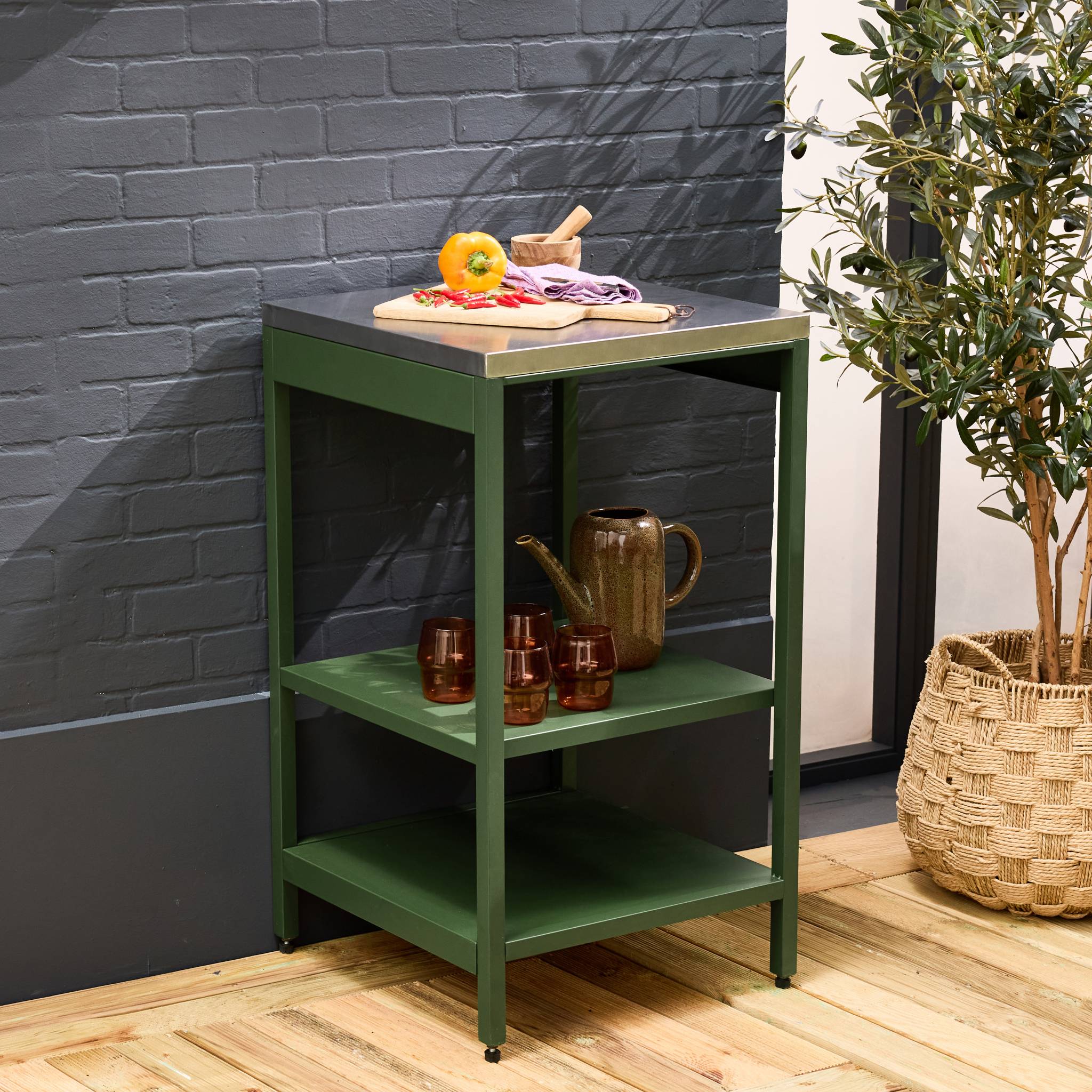 Mobile da esterno in acciaio con 2 ripiani, 49cm, verde