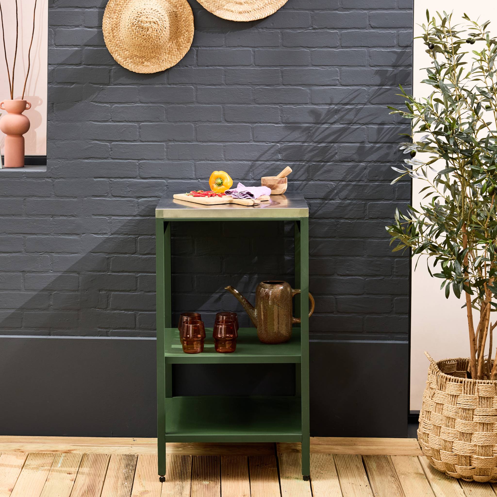 Mobile da esterno in acciaio con 2 ripiani, 49cm, verde