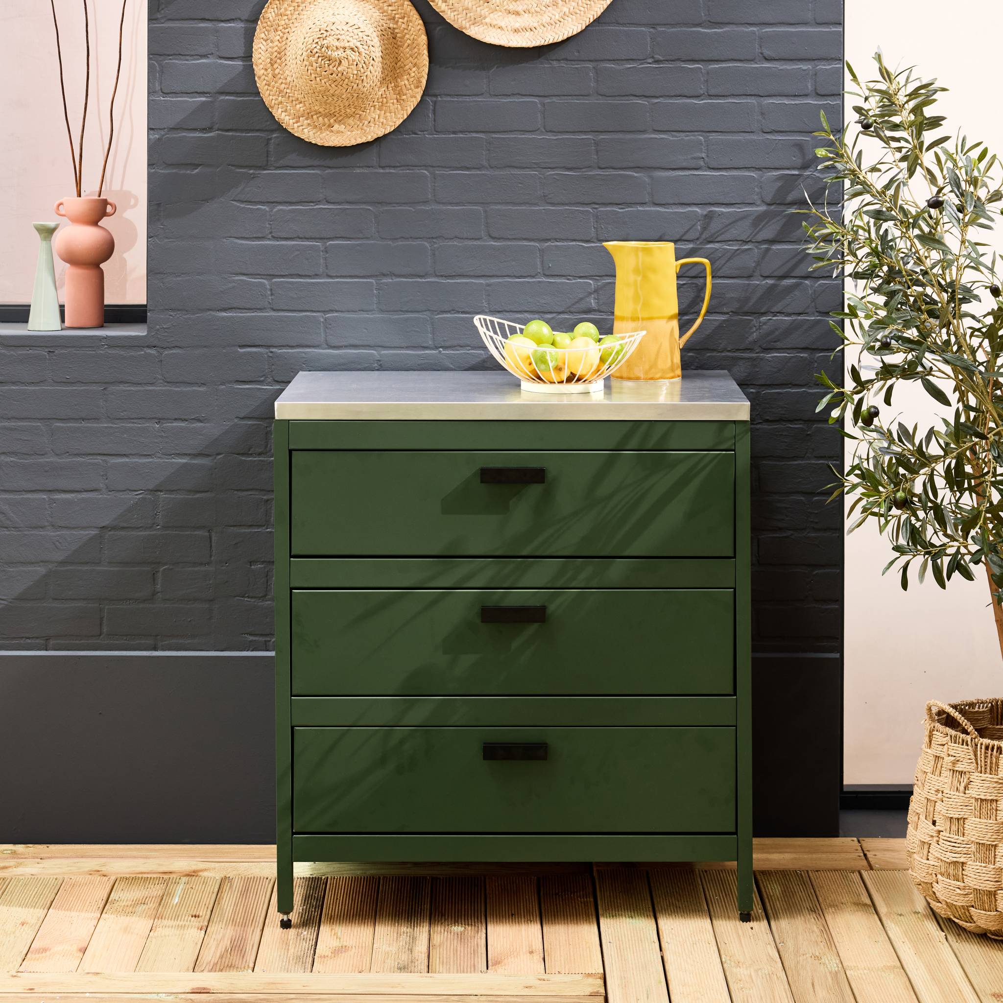 Mobile da esterno in acciaio con 3 cassetti, 80cm, verde