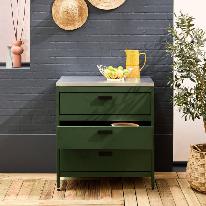 Mobile da esterno in acciaio con 3 cassetti, 80cm, verde
