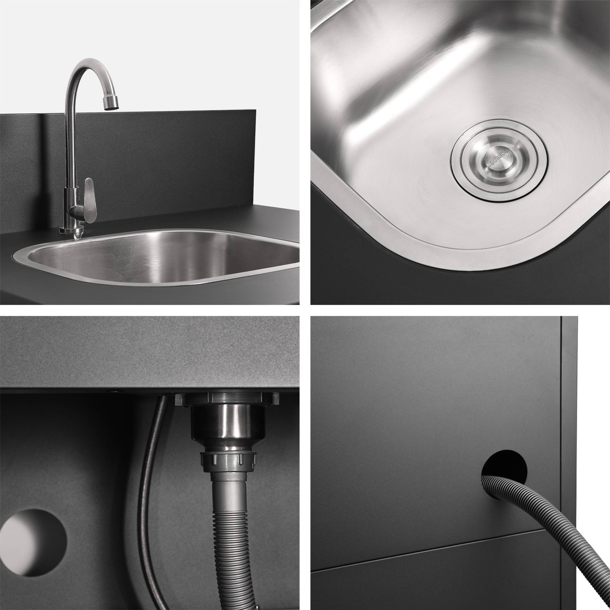 Cucina da esterno in acciaio con lavello e 2 ante, 80cm, nero