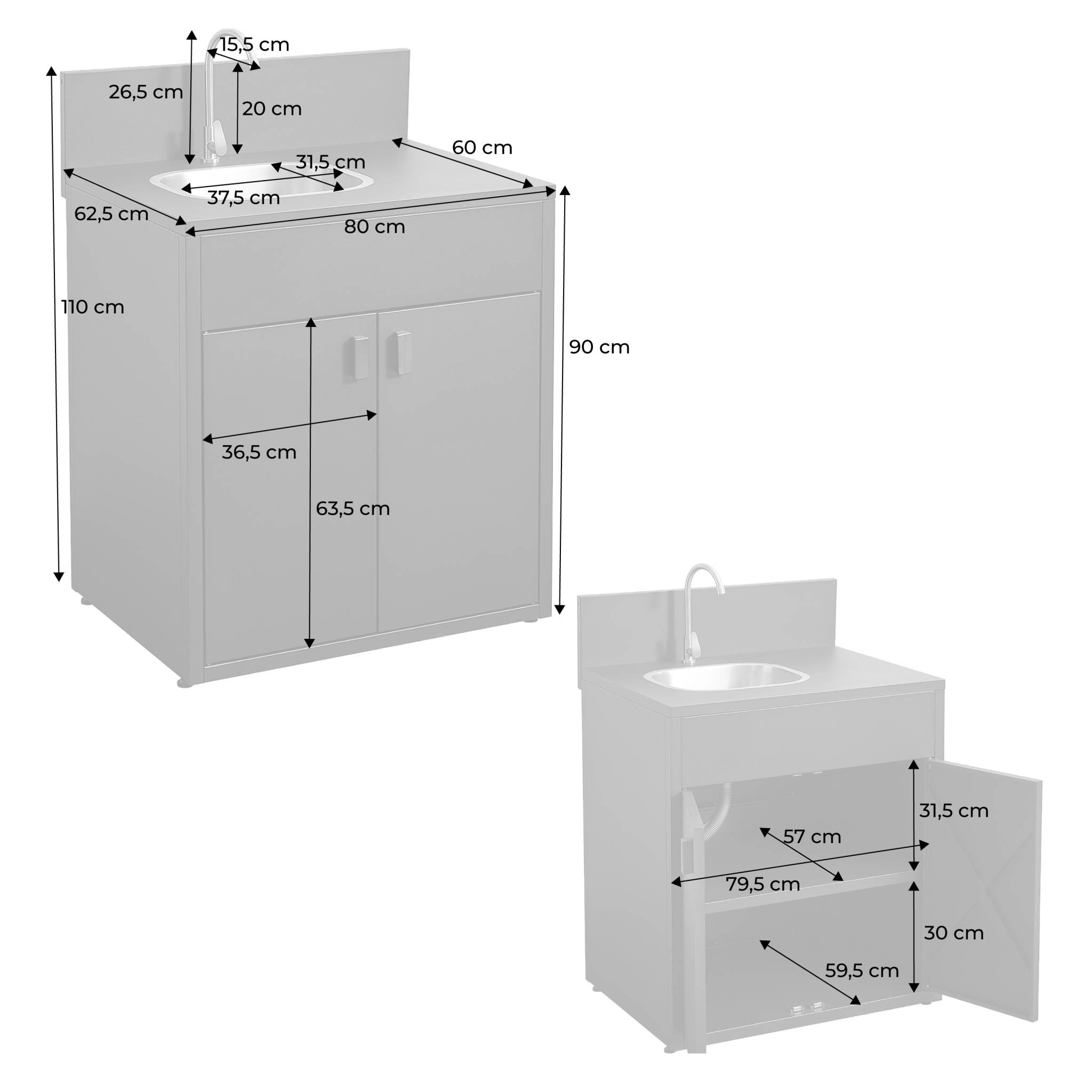 Cucina da esterno in acciaio con lavello e 2 ante, 80cm, nero