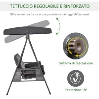 Dondolo da Giardino 3 Posti con Tetto Regolabile, Portabicchieri e Cuscini, 208x120x172 cm, Grigio