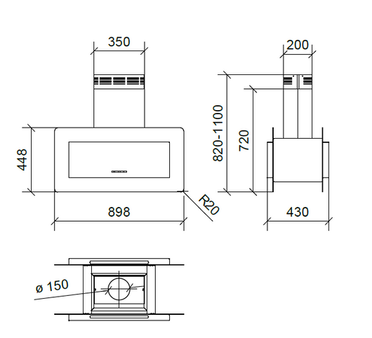 CAPPA TRISIA ISOLA cm 90x43 - inox, vetro Nero - 800 m3/h