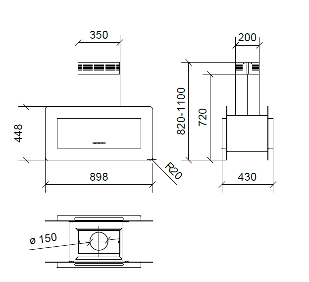 CAPPA TRISIA ISOLA cm 90x43 - inox, vetro Nero - 800 m3/h