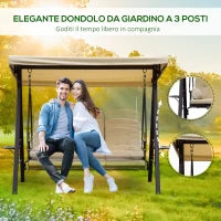 Dondolo da Giardino 3 Posti in Metallo, Dondolo da Esterno con Tetto Inclinabile e Cuscini Imbottiti, 208x121x172 cm, Beige
