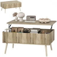 Tavolino da Caffè con ripiano Sollevabile, 2 Scomparti Nascosti e Gambe in Pino, 91 x 56 x 43 cm, Rovere