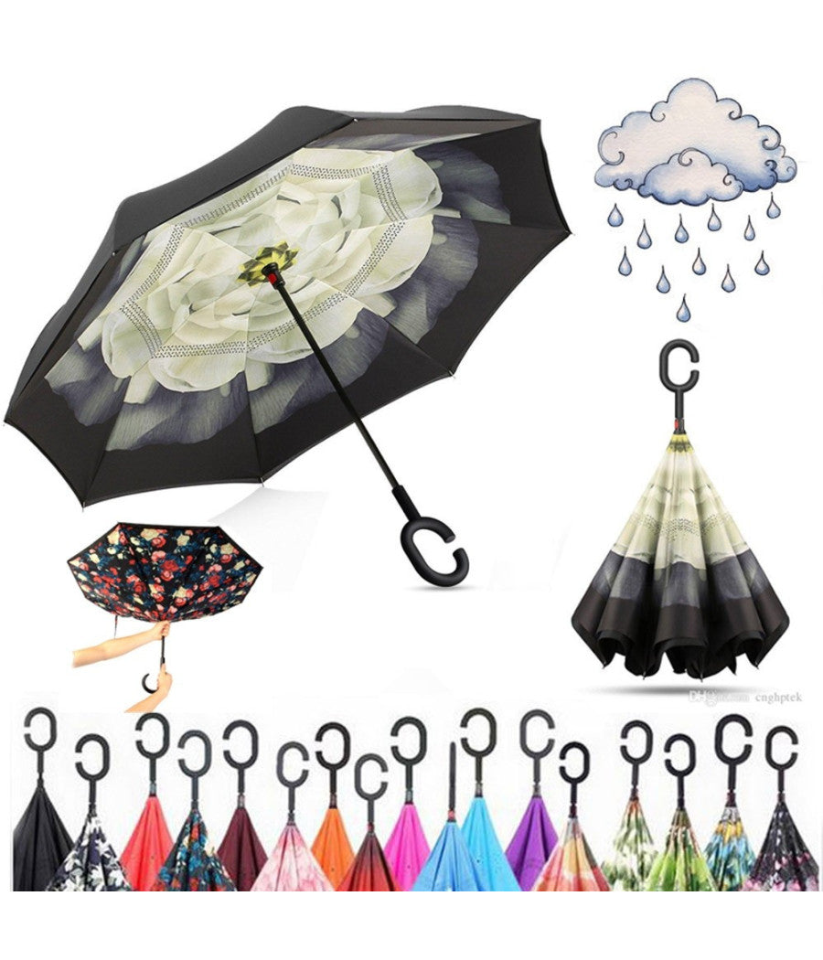 Ombrello Reversibile Apertura Inversa Auto Casa Rovesciato Anti Pioggia Moda         