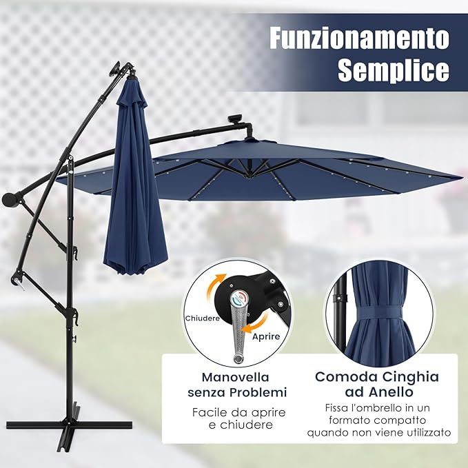 Ombrello solare da 300 cm con 40 lampadine e pannello solare, Ombrello da patio illuminato con facile Blu navy-Ombrelloni