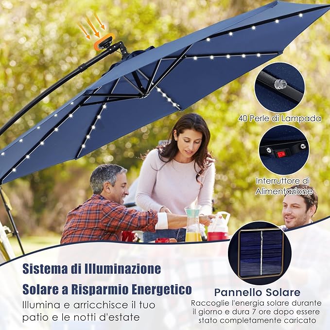 Ombrello solare da 300 cm con 40 lampadine e pannello solare, Ombrello da patio illuminato con facile Blu navy-Ombrelloni