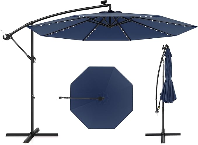 Ombrello solare da 300 cm con 40 lampadine e pannello solare, Ombrello da patio illuminato con facile Blu navy-Ombrelloni