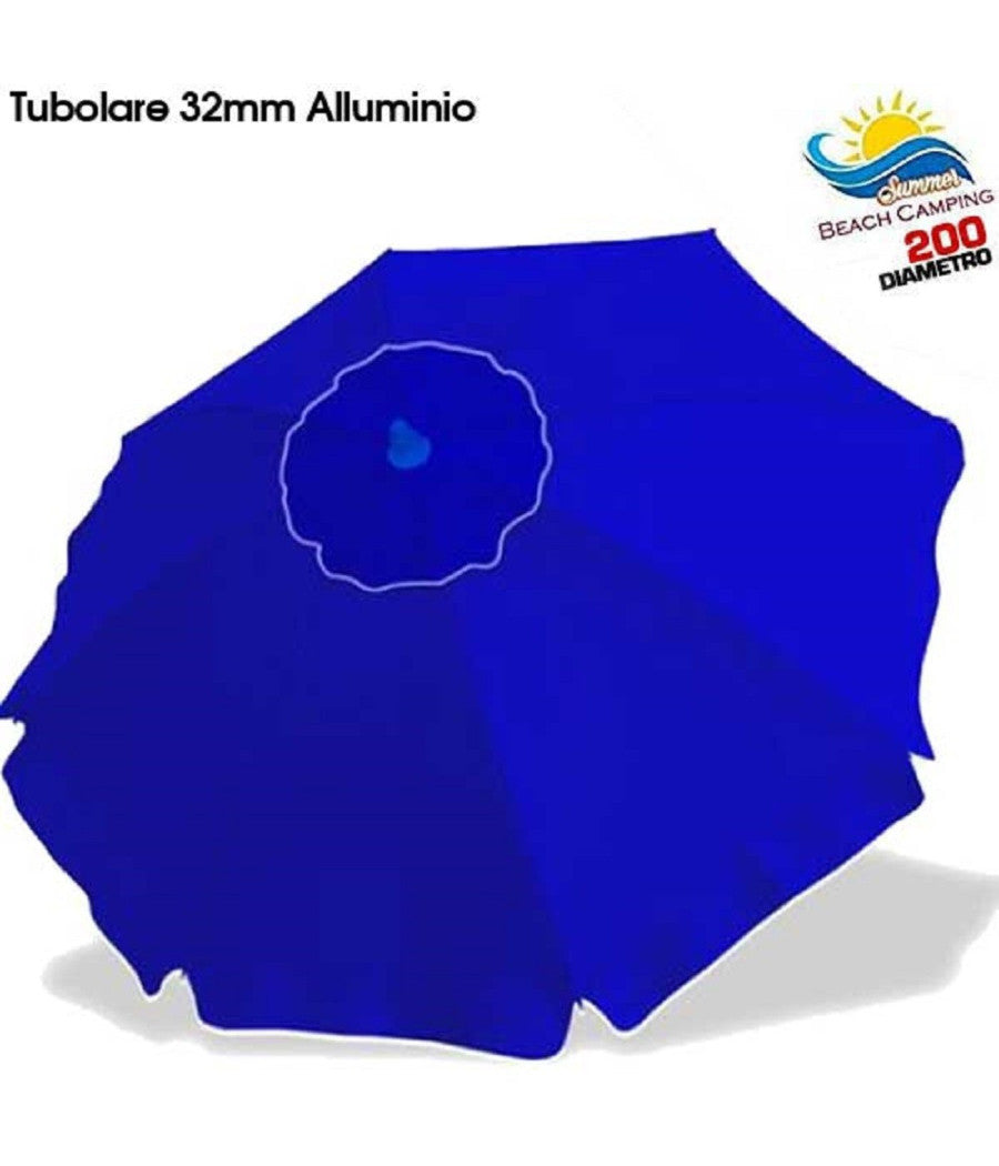 Ombrellone Da Spiaggia Alluminio 2 Mt Con Snodo Tessuto Polyestere Blu Palo 32mm         