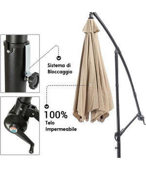 Ombrellone Giardino Decentrato 3x3 Con Pendente Palo Alluminio Gazebo Antivento  Grigio       