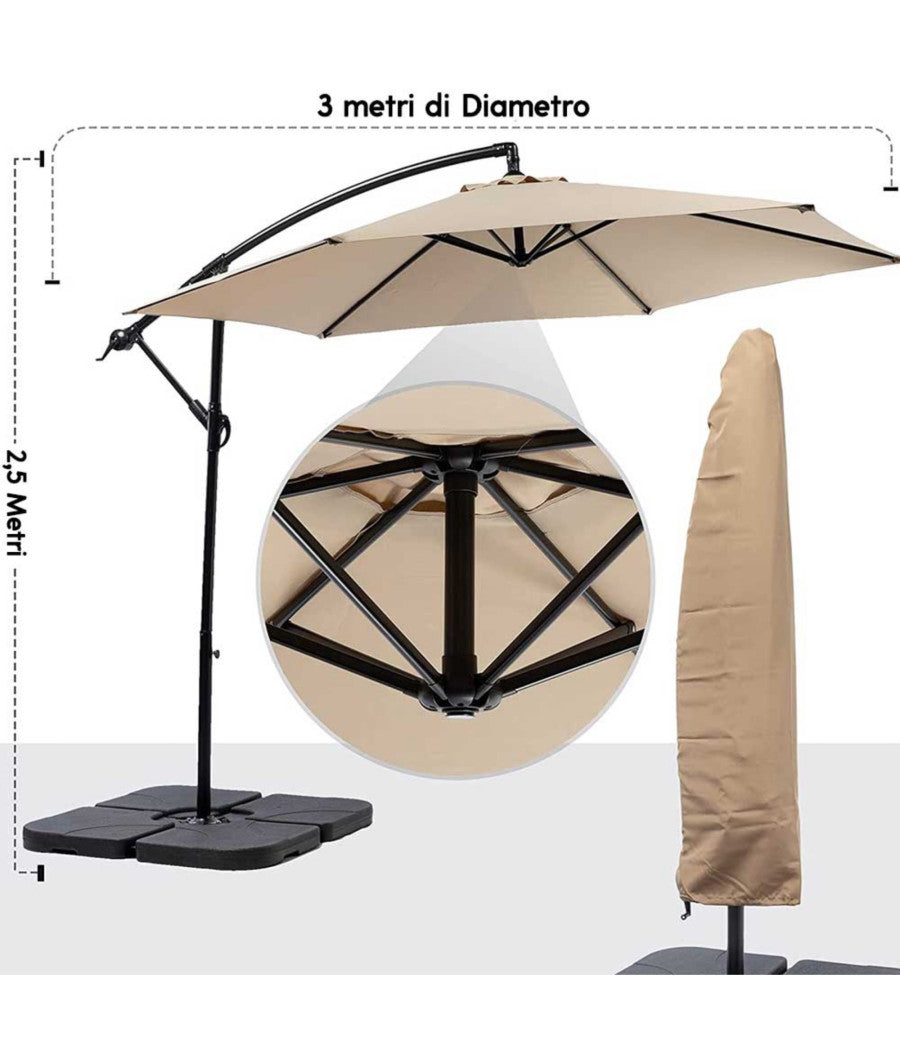 Ombrellone Giardino Decentrato 3x3 Con Pendente Palo Alluminio Gazebo Antivento  Verde       