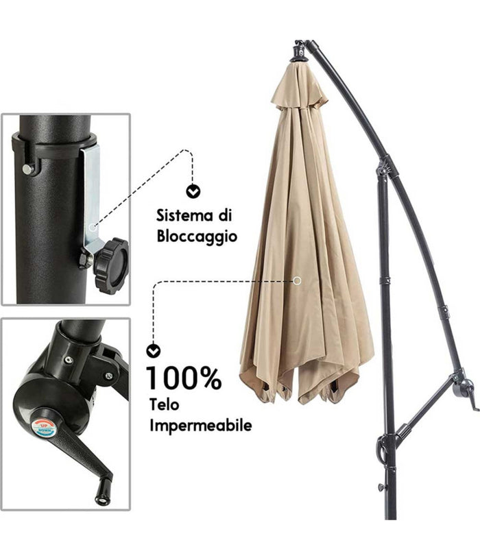 Ombrellone Giardino Decentrato 3x3 Con Pendente Palo Alluminio Gazebo Antivento  Grigio       