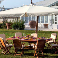 Ombrellone da giardino decentrato palo laterale in legno da 55 mm e telo esagonale in poliestere 180 gr/mq da 300x300 cm con bordura da 50 mm. Ombrellone 3x3 mt tondo con base a croce