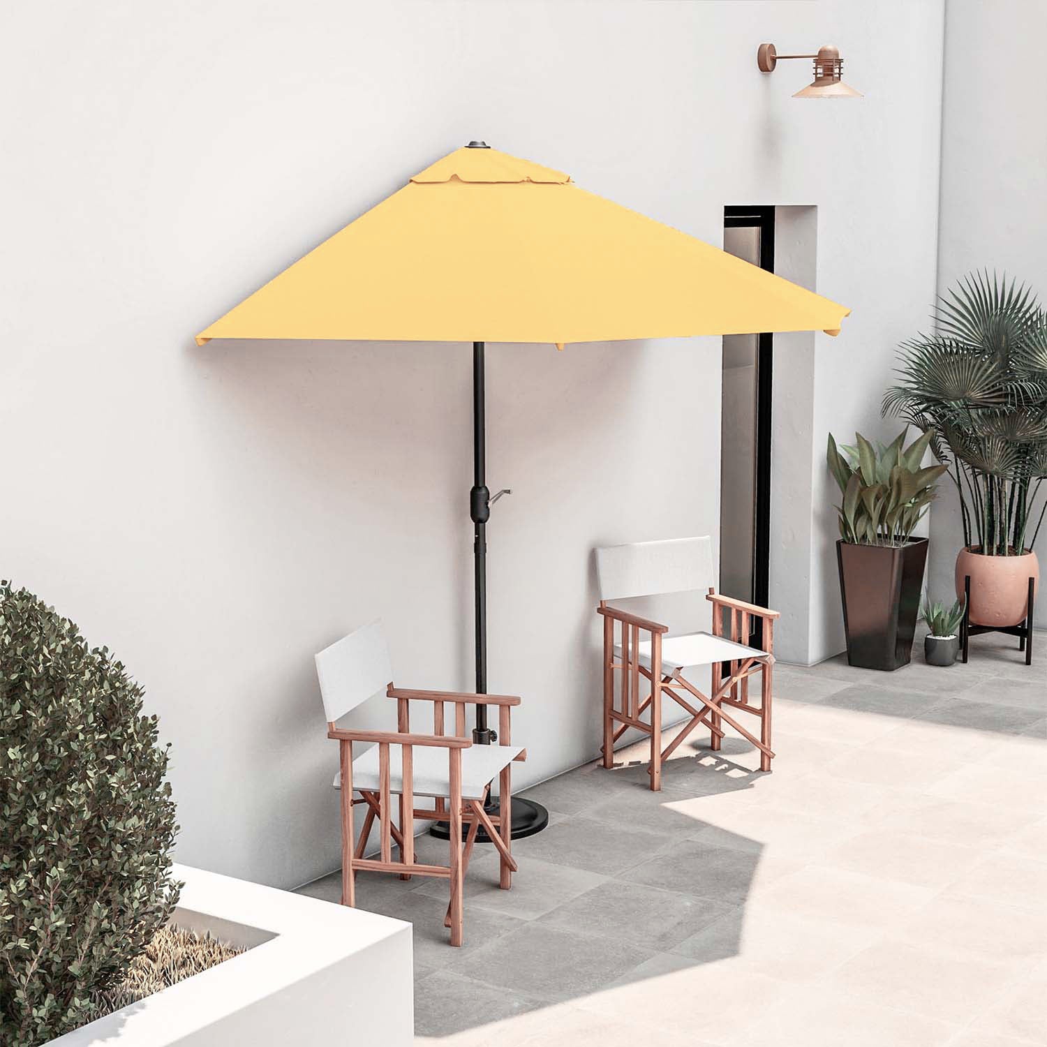 Mezza Luna - Ombrellone a mezza luna con palo centrale da Ø38 mm e telo in poliestere da 180gr/mq con airvent. Ombrellone da balcone o terrazzo in giallo L300xP150xH250 cm