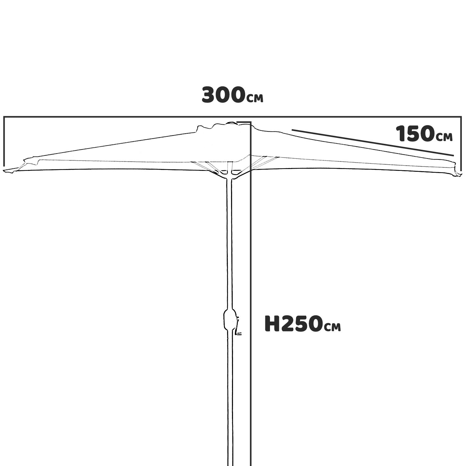 Mezza Luna - Ombrellone a mezza luna con palo centrale da Ø38 mm e telo in poliestere da 180gr/mq con airvent. Ombrellone da balcone o terrazzo in giallo L300xP150xH250 cm