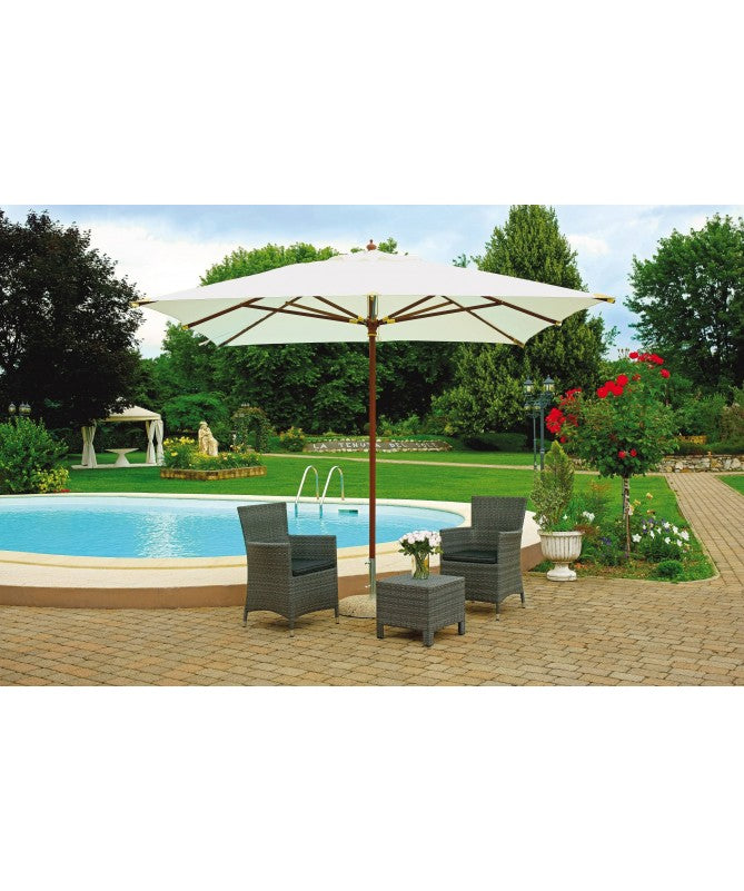 Ombrellone quadrato MOIA 3x3m in poliestere con fusto in legno indonesiano e colori diversi