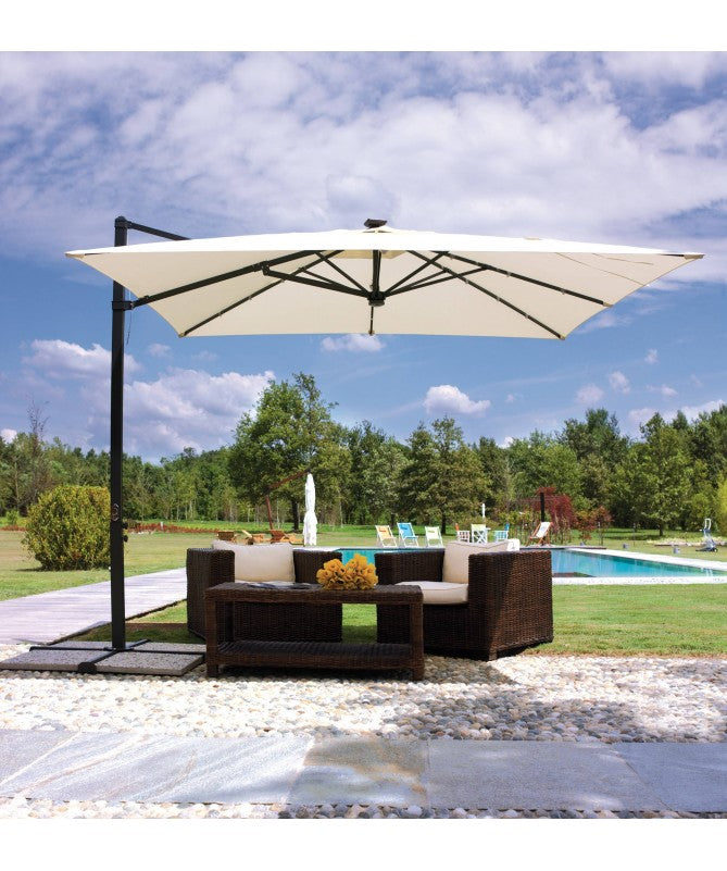 Ombrellone quadrato MOIA con luci 3x3m in poliestere ecrù con fusto laterale antracite