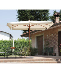 Ombrellone rettangolare MOIA 3x4m in poliestere ecrù con volante, antivento e fusto in legno teak