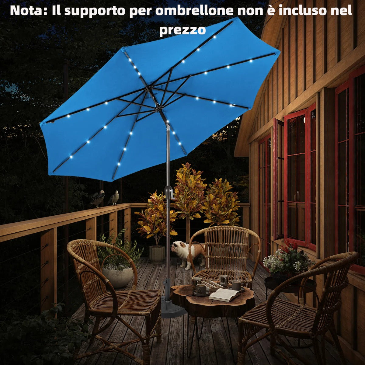 Ombrellone con luci LED da giardino in ferro ?300cm Parasole da esterno spaggia Azzurro-Ombrelloni