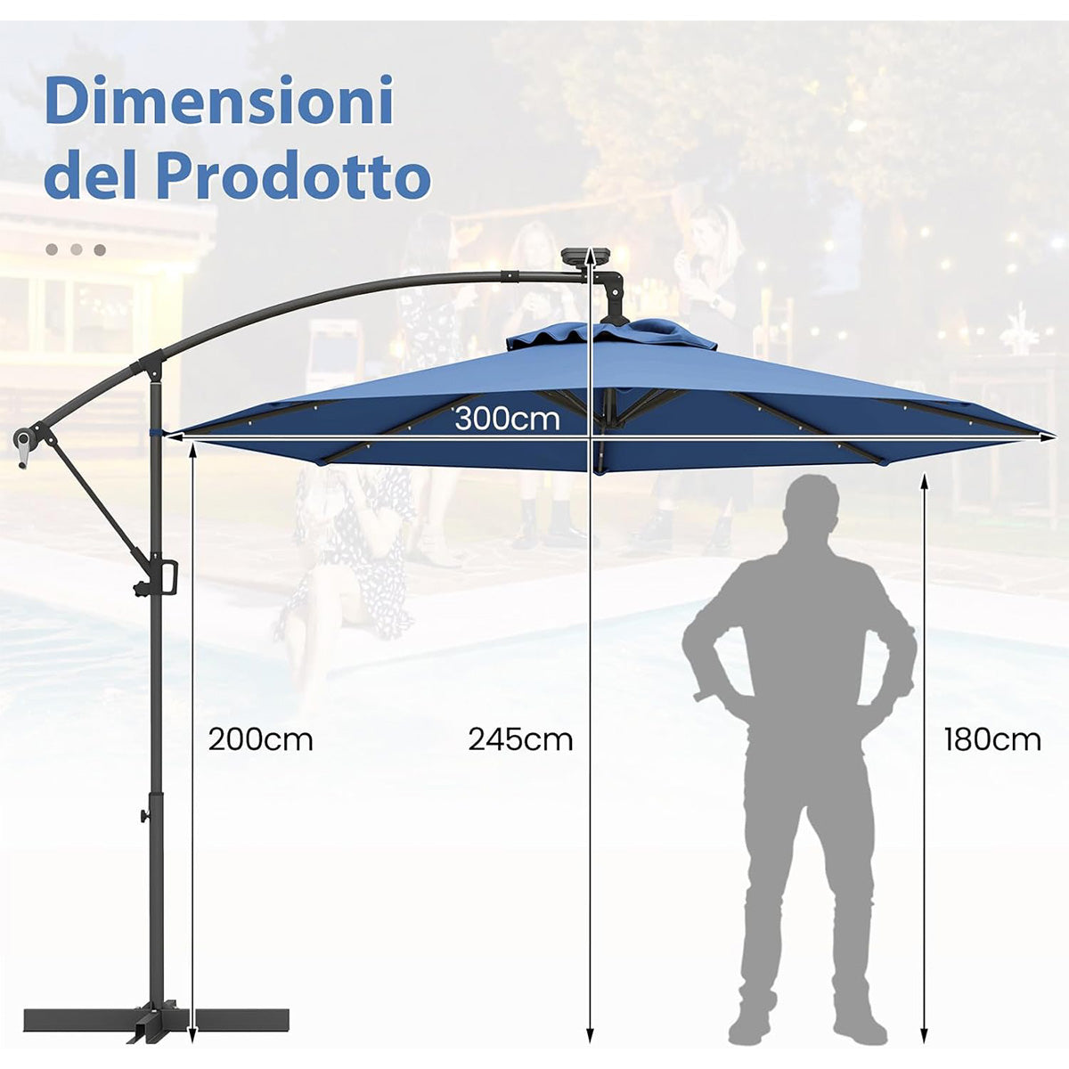 Ombrellone da giardino 300 cm con 32 luci led per piscina e altri spazi esteriori-Ombrellone girevole con inclinazione regolabile esteriori  Blu
