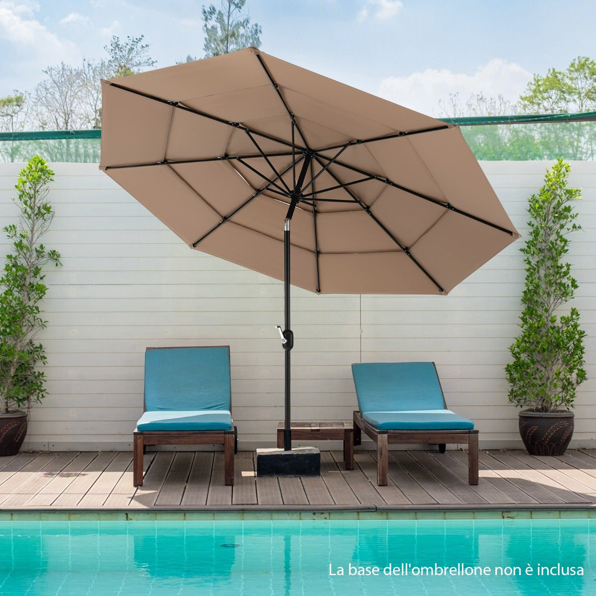 Ombrellone da giardino 3x3m a 3 livelli con doppia ventilazione manovella manuale, Ombrellone da esterno Marrone-Ombrelloni