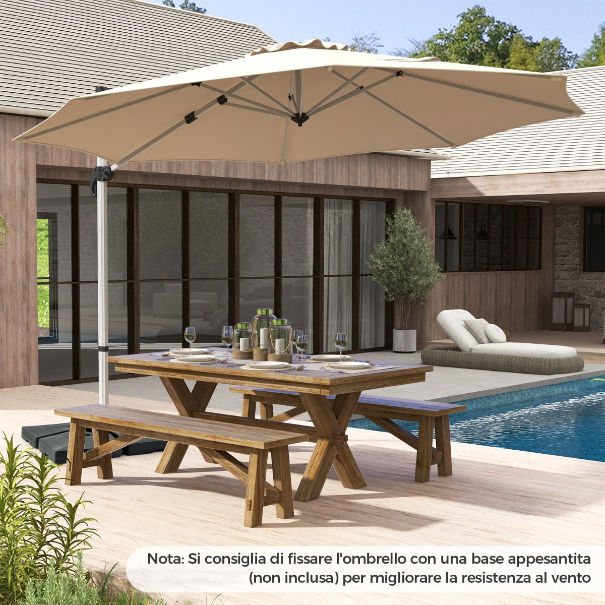 Ombrellone da giardino 339cm con rotazione a 360¡ã inclinazione regolabile, Ombrellone a sbalzo rotondo Beige-Ombrelloni