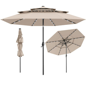 Ombrellone da patio solare 313 cm con tetto ventilato a 3 piani, Tenda parasole per tavolo da giardino Beige-Ombrelloni