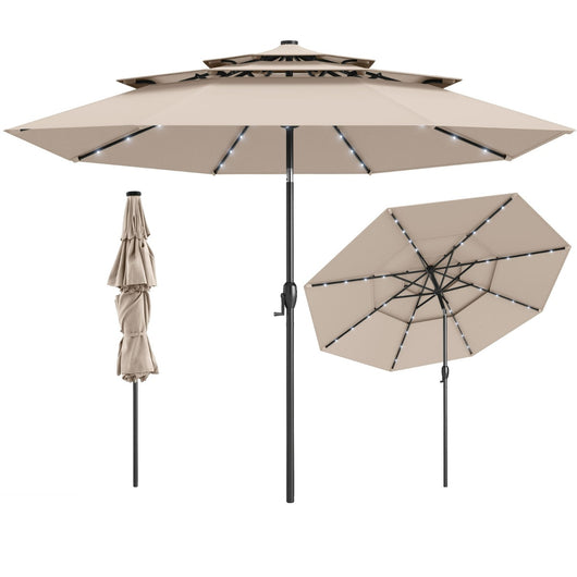 Ombrellone da patio solare 313 cm con tetto ventilato a 3 piani, Tenda parasole per tavolo da giardino Beige-Ombrelloni
