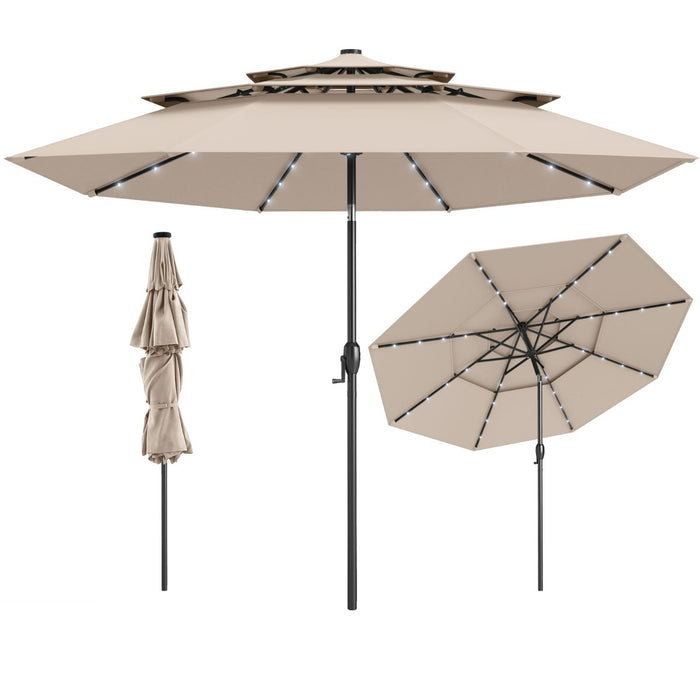 Ombrellone da patio solare 313 cm con tetto ventilato a 3 piani, Tenda parasole per tavolo da giardino Beige-Ombrelloni