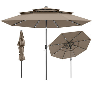 Ombrellone da patio solare 313 cm con tetto ventilato a 3 piani, Tenda parasole per tavolo da giardino Taupe-Ombrelloni