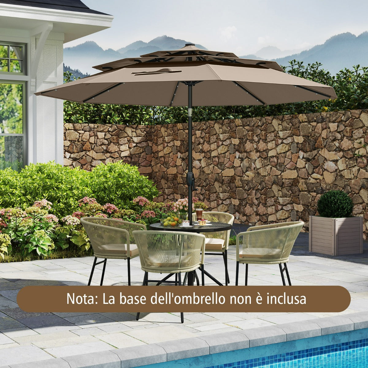 Ombrellone da patio solare 313 cm con tetto ventilato a 3 piani, Tenda parasole per tavolo da giardino Taupe-Ombrelloni