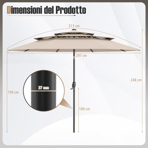 Ombrellone da patio solare 313 cm con tetto ventilato a 3 piani, Tenda parasole per tavolo da giardino Beige-Ombrelloni