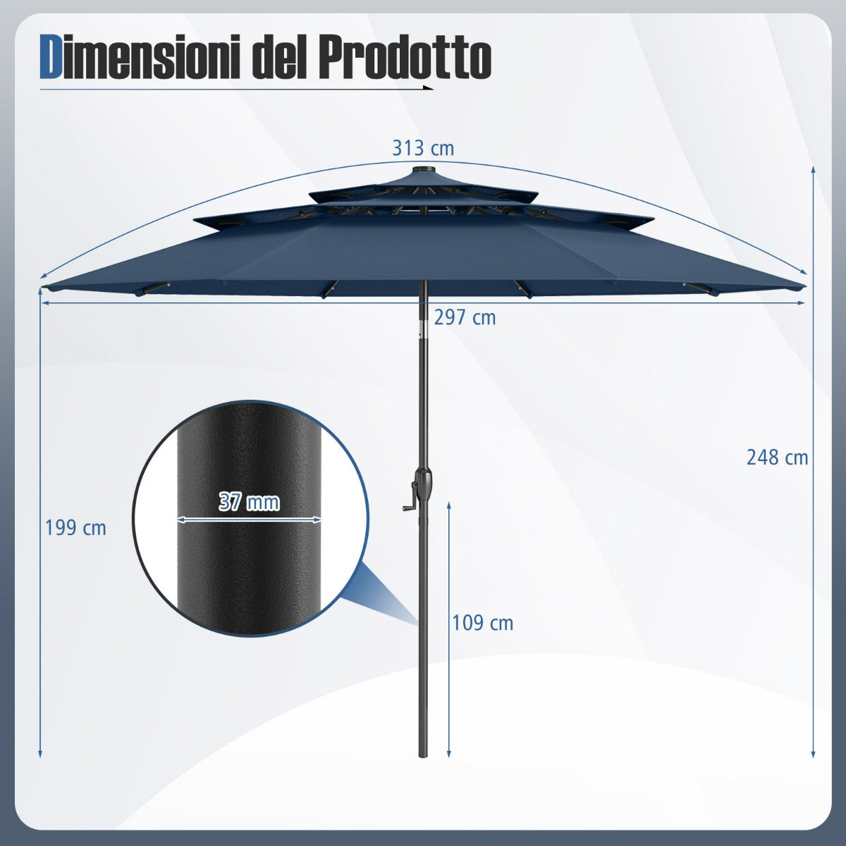 Ombrellone da patio solare 313 cm con tetto ventilato a 3 piani, Tenda parasole per tavolo da giardino Indaco-Ombrelloni