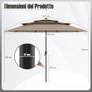 Ombrellone da patio solare 313 cm con tetto ventilato a 3 piani, Tenda parasole per tavolo da giardino Taupe-Ombrelloni