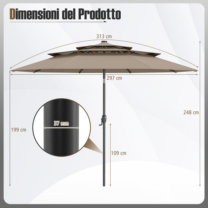 Ombrellone da patio solare 313 cm con tetto ventilato a 3 piani, Tenda parasole per tavolo da giardino Taupe-Ombrelloni