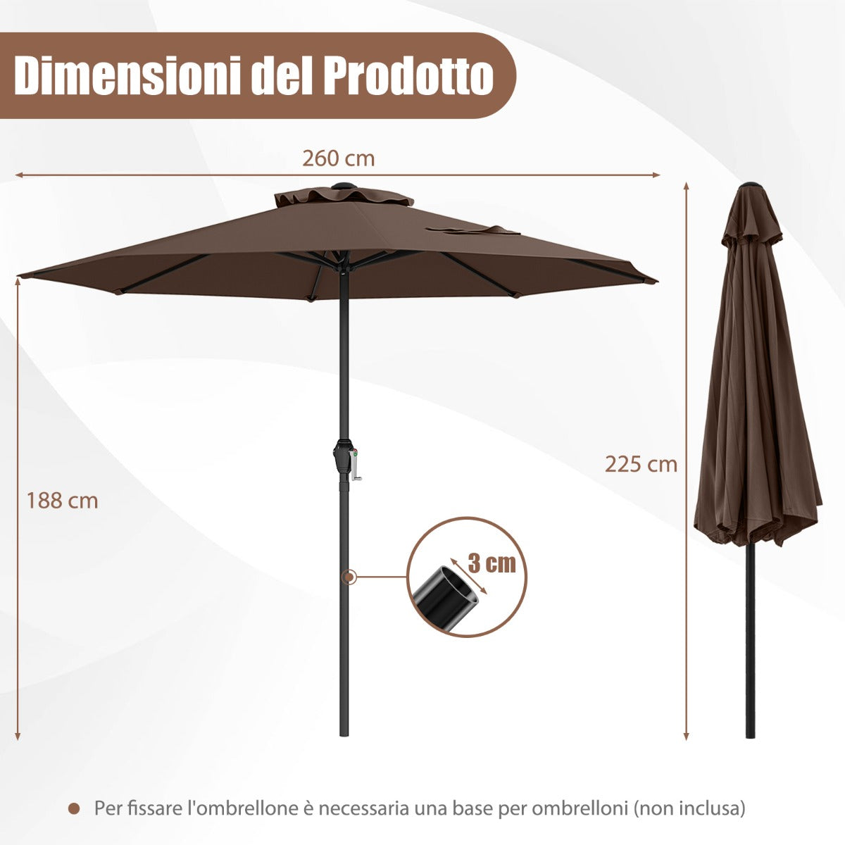 Ombrellone da mercato con manovella da tavolo per giardino, Ombrellone da patio da 250 cm Marrone-Ombrelloni