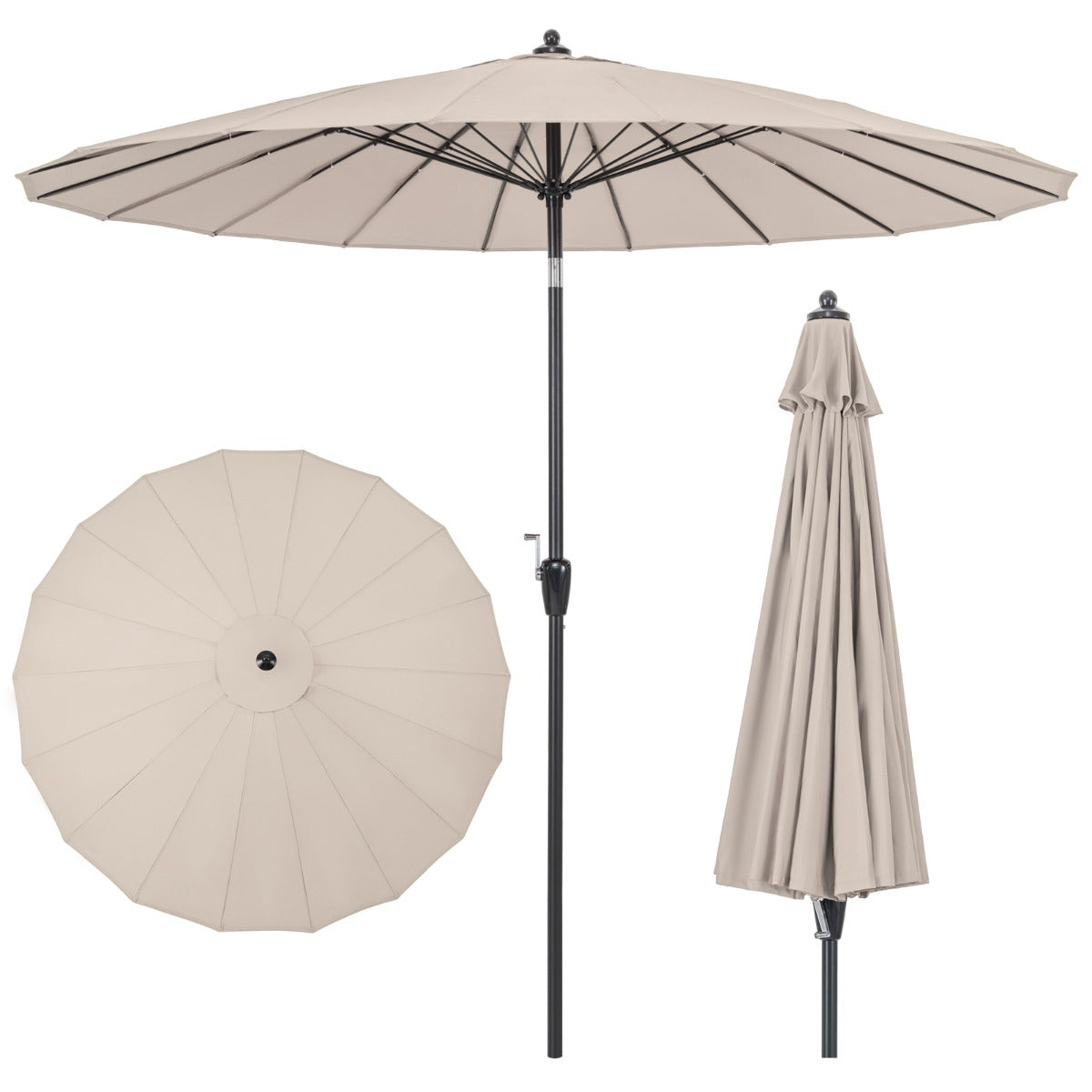 Ombrellone da mercato con costole in fibra di vetro inclinazione a pulsante, Ombrellone da patio rotondo di 265cm Beige-Ombrelloni
