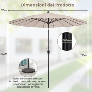 Ombrellone da mercato con costole in fibra di vetro inclinazione a pulsante, Ombrellone da patio rotondo di 265cm Beige-Ombrelloni