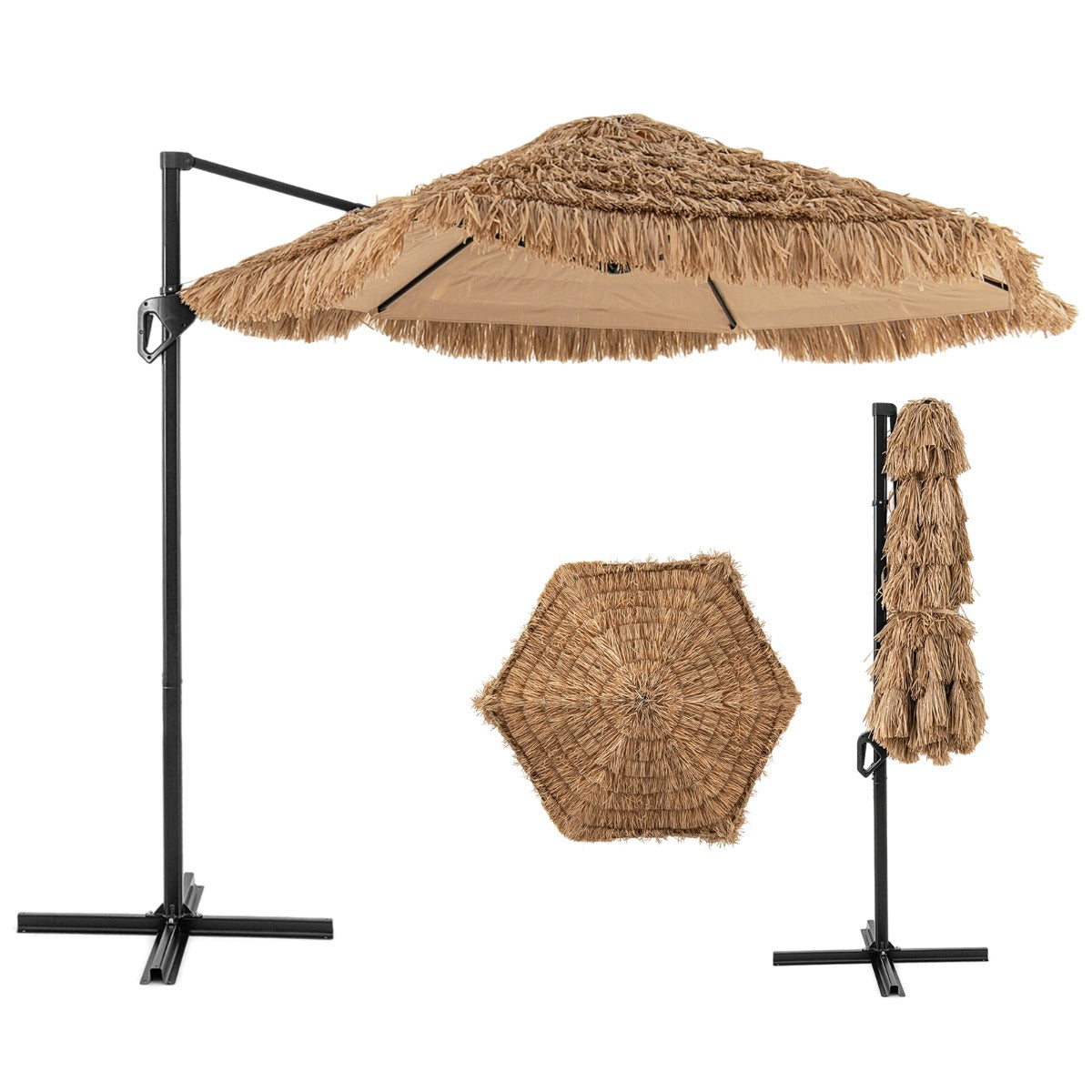 Ombrellone sospeso hawaiano con parte superiore ventilata giardino terrazza, Ombrellone a sbalzo hula tiki thatch da patio Naturale-Ombrelloni