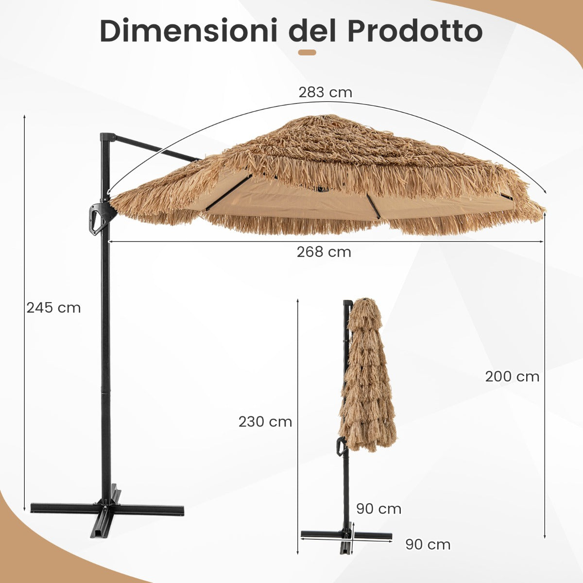 Ombrellone sospeso hawaiano con parte superiore ventilata giardino terrazza, Ombrellone a sbalzo hula tiki thatch da patio Naturale-Ombrelloni