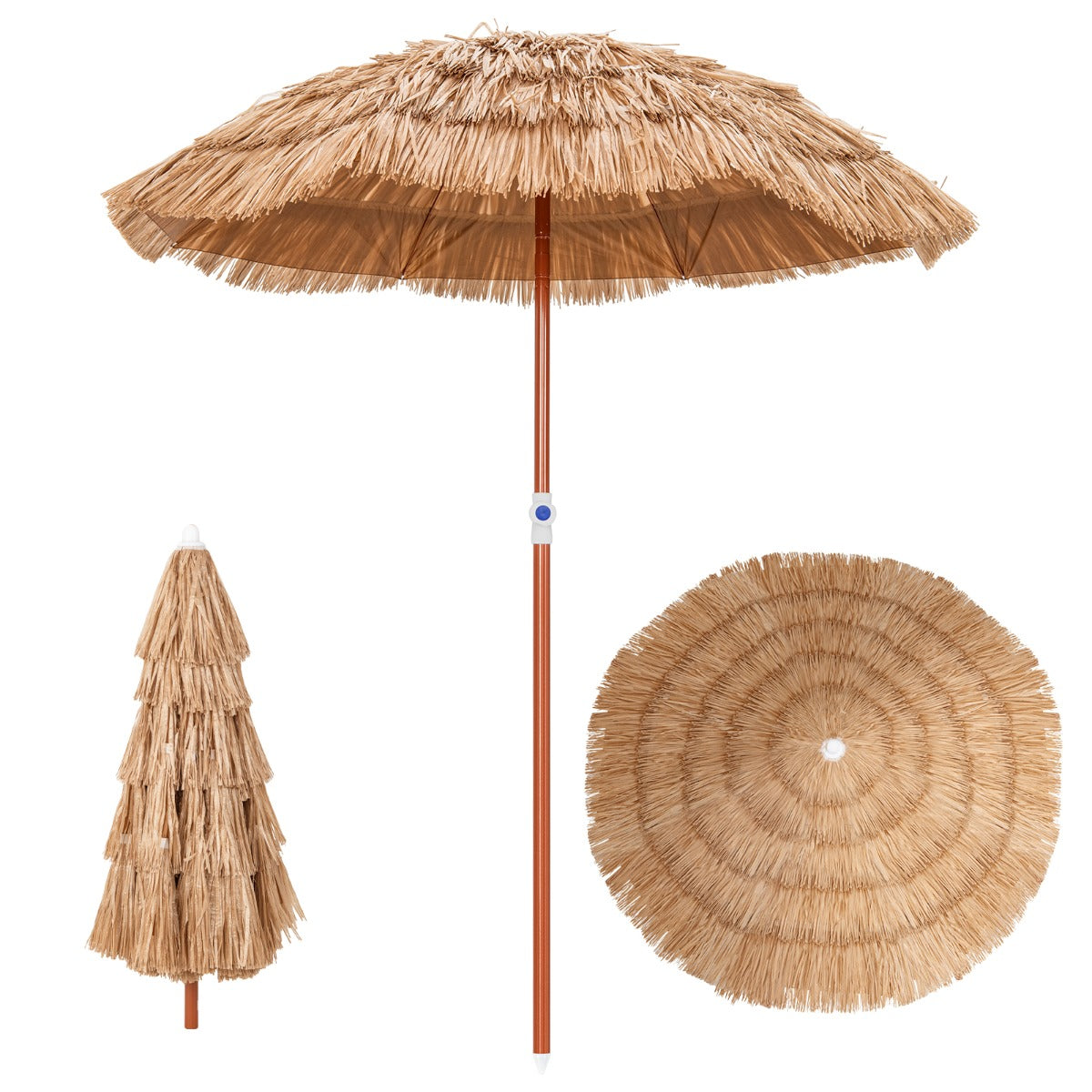 Ombrellone di paglia PP da giardino con borsa e design inclinabile, Ombrellone tiki hawaiano 175cm pieghevole-Ombrelloni