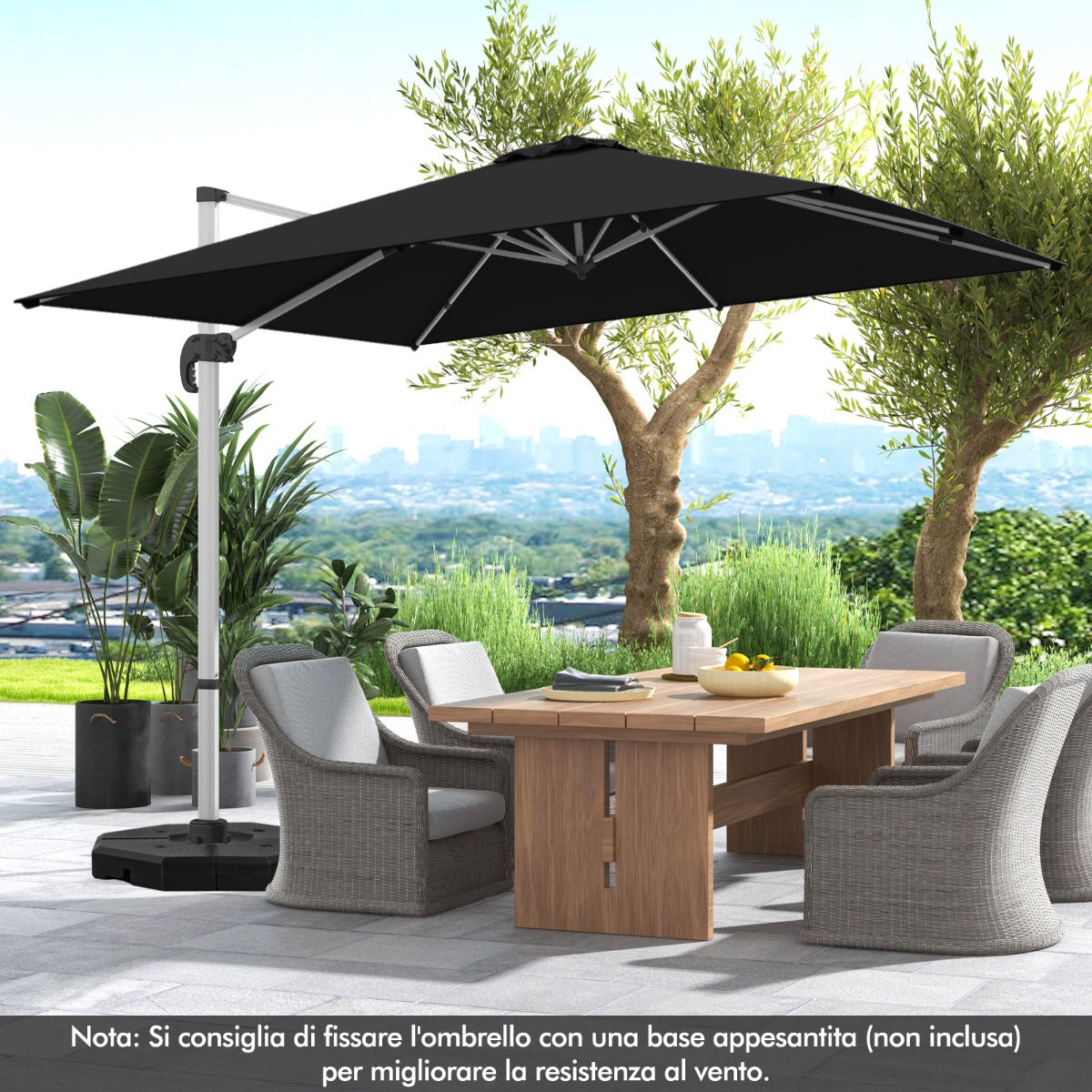 Ombrellone quadrato con base incrociata con palo in alluminio, Ombrellone con inclinazione regolabile Nero-Ombrelloni