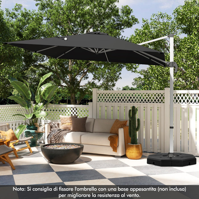 Ombrellone quadrato con base incrociata con palo in alluminio, Ombrellone con inclinazione regolabile Nero-Ombrelloni